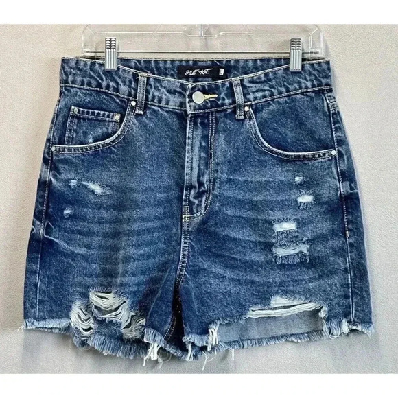 Pants - Blue Age Women's Size Large High Rise Raw Hem Distressed 5 Pockets Denim Shorts
